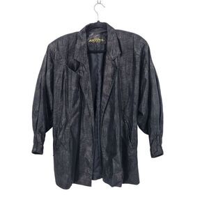 Vtg 80s Genuine Leather Jacket Sz‎ L Black Oil Slick Textured Batwing Oversized
